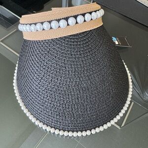 Elegant Black and Tan Sun Hat with Pearl Accents